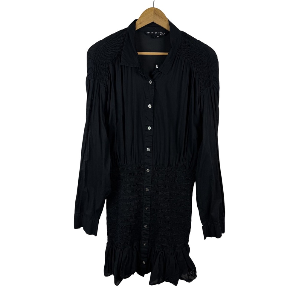 Veronica Beard Newport Dress Size 14 Black Cotton Smocked Minimalist Stretch LBD - Picture 2 of 16